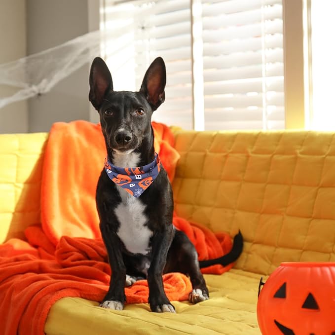 PAWCHIE Dog Halloween Bandanas 4 Pack, Reversible Pumpkin Dogs Scarf Bibs, Dog Holiday Costume Set with Two Adjustable Snaps, Multiple Halloween-Themed Patterns for Dogs Puppy, Cats, Pets
