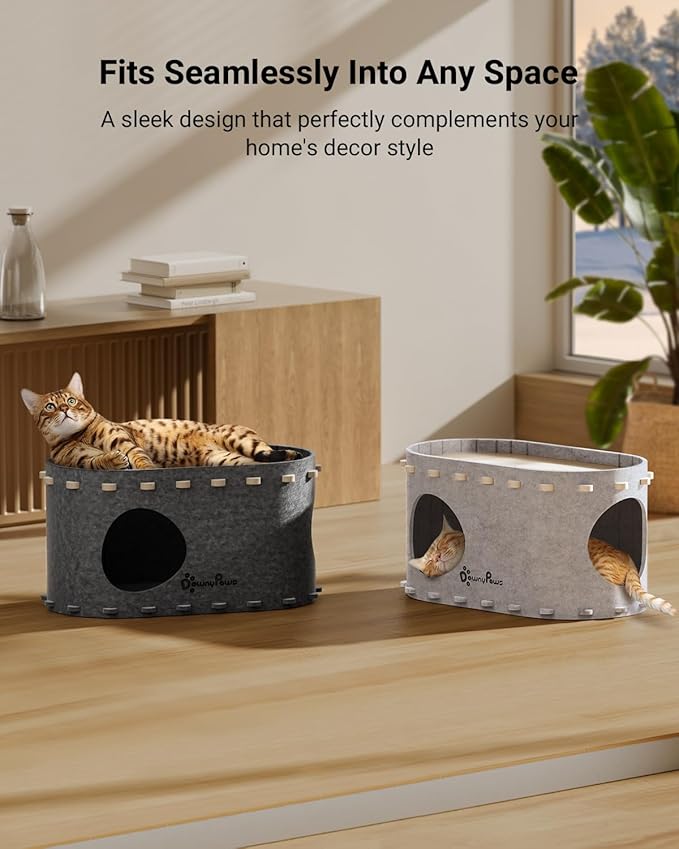 DownyPaws Cat House for Indoor Cats, Cat Bed Cave for Multiple & Large Cats Up to 22 Lbs, Scratch Resistant Peekaboo Cat Caves, Foldable Tunnel Enclosed Bed, PeekaPurr, Sesame Gray