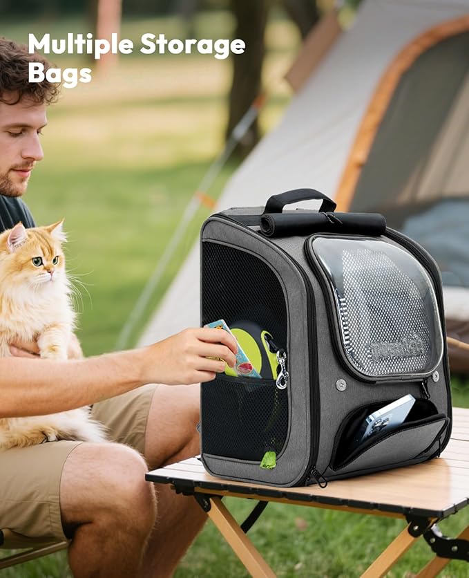 Pecute Cat Backpack Carrier, Large Space Cat Bubble Backpack, Breathable Cat Carrier, Shaded Dog Backpack Carrier, Ergonomic 3D Design for Travel, Hiking, Walk, Suitable for Shopping, Car, Vet, Gray
