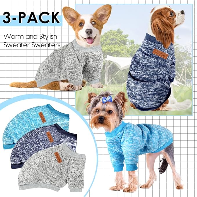 3 Pack Dog Sweaters for Small Dogs Girl Boy Winter Fleece Clothes Warm Soft Dog Sweatshirt Outfit for Dogs Cats Pet Apparel