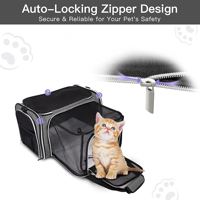 BAGLHER Expandable Cat Carrier with Travel Litter Box, Pet Travel 5 Sides Open Doors 3 Sides, Leak-Proof and Collapsible, for Car, Airplane Trip, Grey