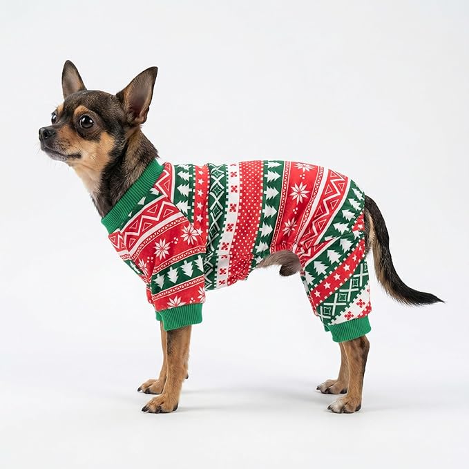 Fitwarm Dog Christmas Outfit, Holiday Pet Clothes for Small Dogs Boy Girl, Festive Pajamas with Feet, Puppy Onesie, Red, Green, XL
