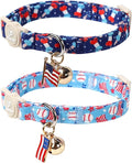 4th 0f July Cat Collar,2Pack Patriotic Day Kitten Collars Cute Flag Breakaway Kitty Collars,Summer Baseball Blue Cat Collar with Bell, for Girl & Boy Cats