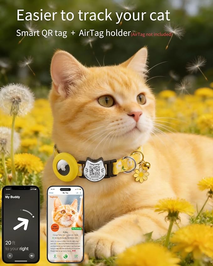 Breakaway Cat Collar with QR Code ID & AirTag Holder, Adjustable Cotton Kitten Collar with Bell, Cute Floral Safety Collar for Indoor & Outdoor Cats Pastoral Style with airtag Holder(Yellow)
