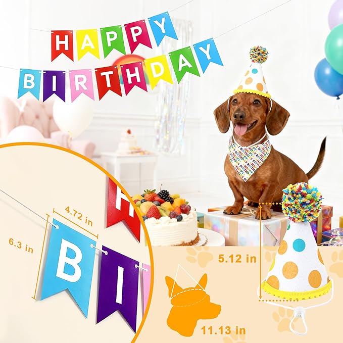 Dog First Birthday Party Decorations, Adjustable Dog Bandana Set with Hat, Numbers, Banner for Pet Party Supplies Festive Accessories Large Medium Small Pet Puppy Dogs, Color
