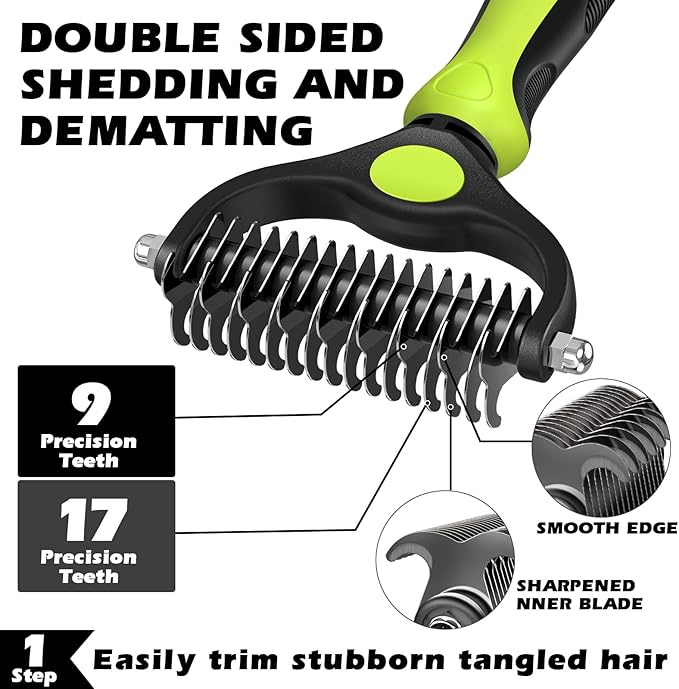 3PCS Self Cleaning Slicker Brush & Pet Grooming Rake & Flea Comb for Dogs,Cats and Horses | Double-Sided Dematting Comb & Skin Friendly Deshedding Grooming Tool (J-Green Black)