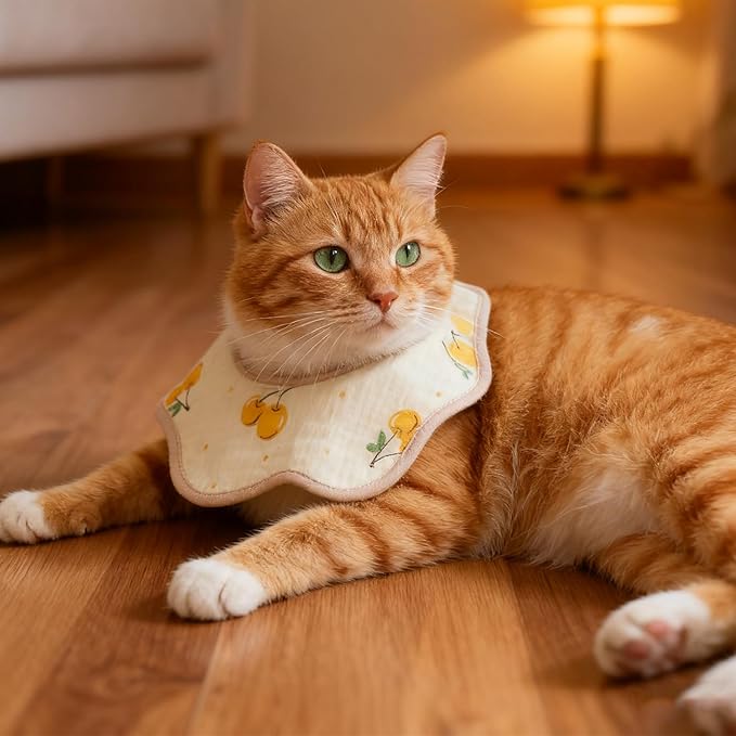 3Pcs Cat Collar Adjustable Kitten Collar Bandana with Cute Pattern 100% Cotton Pet Scarf Cute Breakaway No Bell Outfits Cat Collars for Girl Boy Cats and Small Pet (Beige)