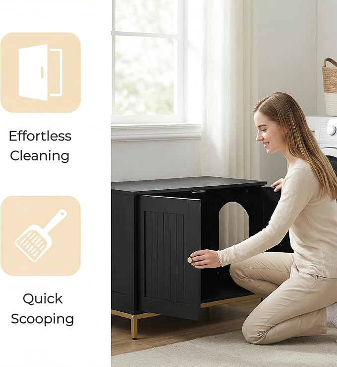 Homhedy Cat Litter Box Enclosure, Cat Washroom Furniture with Metal Frame, Pet House, Fit Most of Litter Box, Modern Style, Black and Gold