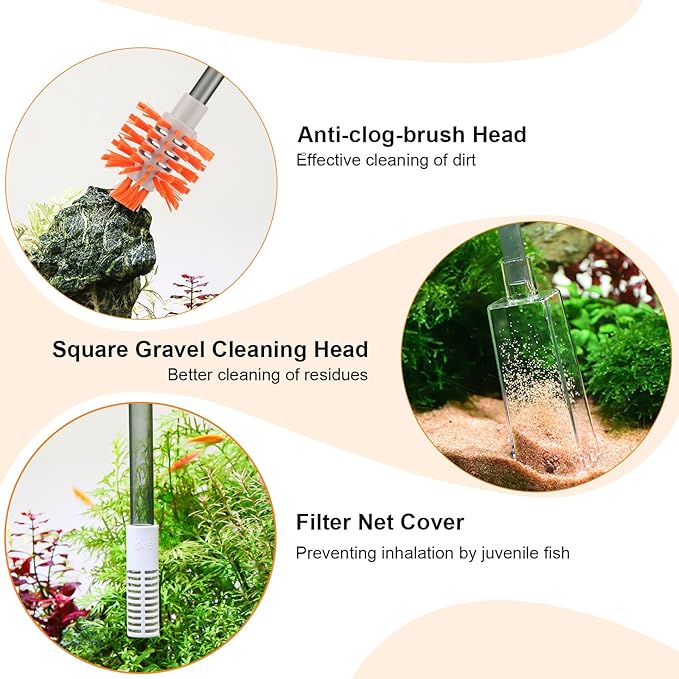 AQQA Aquarium Siphon Vacuum Cleaner Kit with 3 Replaceable Heads, Extra 2-in-1 Algae Scraper Cleaning Brush, Manually Siphon Ball Water Changer, Extendable Length to 38.2In for Fish Tank Cleaning (M)