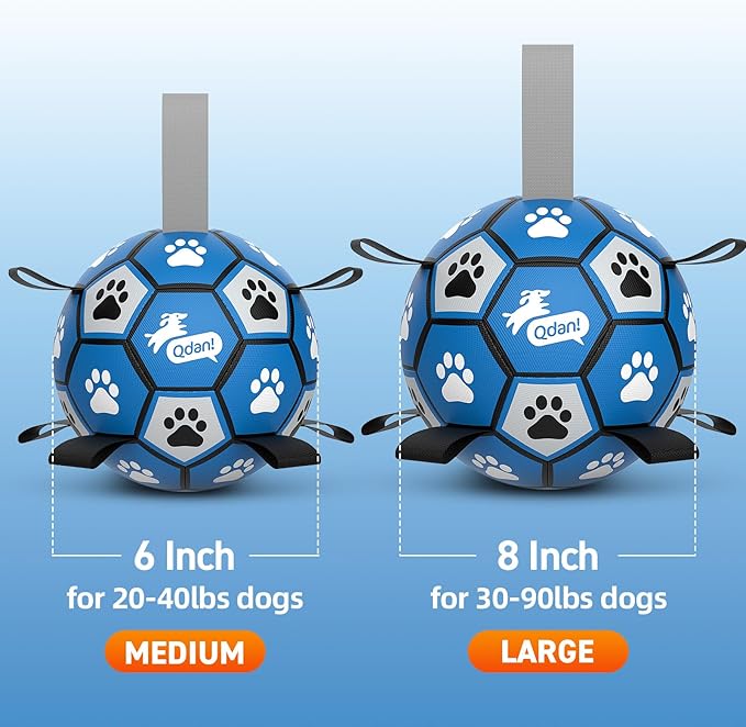 QDAN Dog Ropes Toys, Soccer Ball with Straps, Puppy Birthday Gifts, Durable Balls for Medium Large Dogs-Blue&Grey（8 Inch）