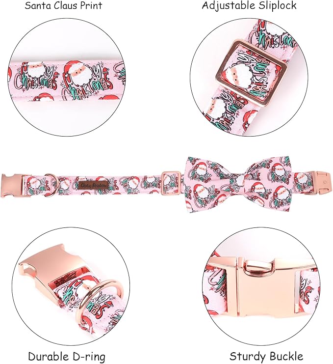 Christmas Dog Collar, Pink Christmas Santa Claus Dog Collar Bow Tie Pet Collars with Bow Adjustable Pet Collars with Premium Metal Buckle Dogs Necklace for X-Large Girl Dogs