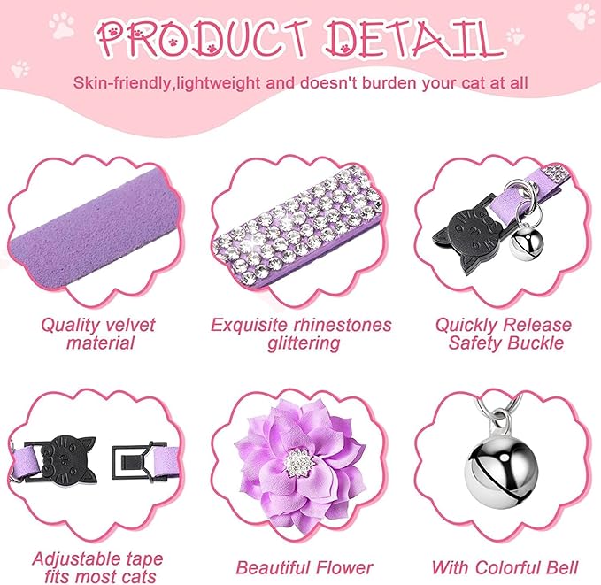 Cat Collars,Rhinestone for Girl Cats Bling Kitten Flower Adjustable Breakaway Collar with Bell Soft Velvet Leather Collar for Puppy Small Dogs (Blue1)
