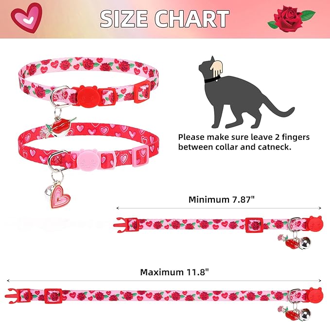 PUPTECK Breakaway Cute Cat Collar with Bell Charm for Kitty, 2 Packs Adjustable Kitten Collars Rose and Love Pattern, Red Pink Heart, 7.8-11.8 in