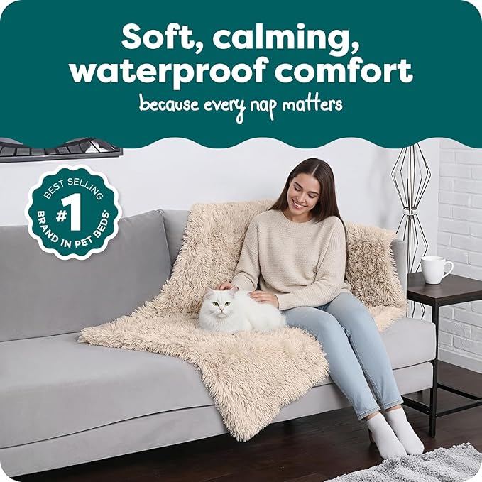 Furhaven Waterproof Throw Blanket for Dogs & Indoor Cats, Washable - Shaggy Plush Calming Long Faux Fur & Velvet Dog Blanket - Taupe, Large