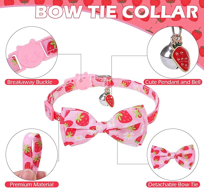 EXPAWLORER Cute Cat Collar Breakaway with Bells - 2 Pack Fruit Adjustable Pet Collar with Removable Bow Tie and Bandana, Safety Buckle for Girl Boy Cats Kitten, Strawberry