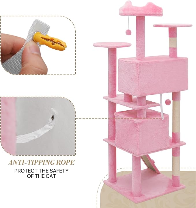 Athena Collection 70 Inch Cat Tree for Indoor Cats, Multi-Level Activity Center with 2 Condos, Scratching Post & Dangling Ball, Tall Climbing Tower, Pink