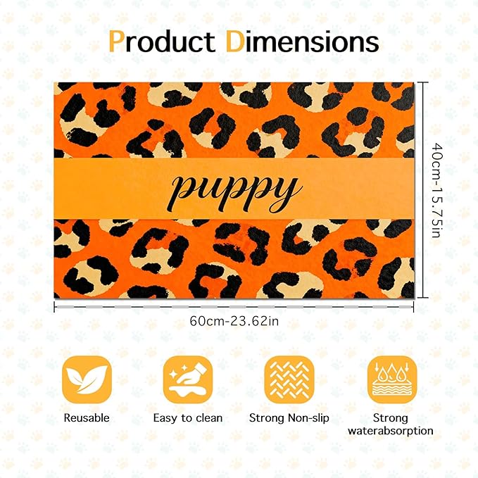 Puppy Feeding Mat 24x16 inch Orange Leopard Print Pet Bowl Placemat Non Slip Floor Mat for Food and Water Indoor Dog Feeding Station Cute Meal Pad for Small Pets Kitchen Use