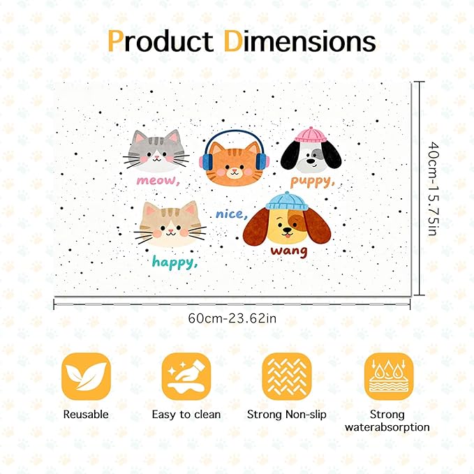 Pet Feeding Mat 24x16 inch Cat and Dog Print Meal Pad Non Slip Floor Mat for Food and Water Indoor Feeding Station Cute Pet Bowl Placemat for Small Cats and Dogs Kitchen Use