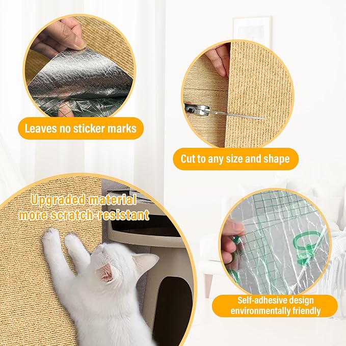 Cat Scratch Mat,118.5"x17.4" Trimmable Self-Adhesive Cat Scratch Furniture Protector, Sticky Cats Scratcher Wall Mat, Covering Cat’s Tower, Couch Protector from Cats Claws (Beige)