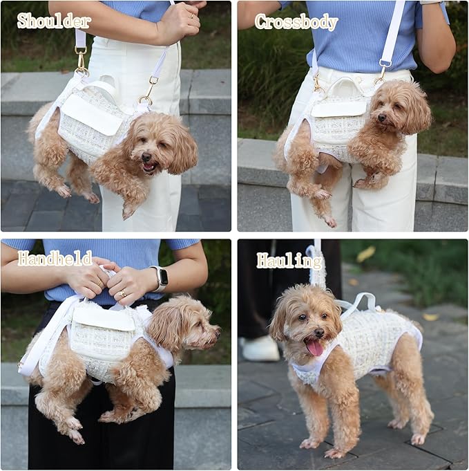 Dog Lift Harness Backpack for Small Dogs Cats, Adjustable Straps Dog Sling Carrier for Hiking, Travel, Outdoor – White Medium