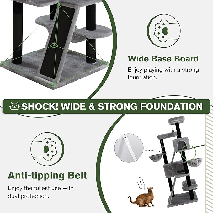 MUTICOR 66 Inches Multi-Level Large Cat Tree Tower for Indoor Big Feline/Cozy Plush Perches/Condo/Sisal Scratching Posts/Hammock and Baskets/Activity Center Play House/Wide Base/Black & Grey