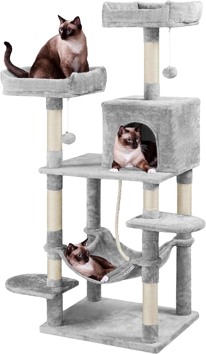 Yaheetech 59in Cat Tree for Multiple Cats, Multi-Level Activity Tower w/Hammock, Condo, Perches, Extended Platforms for Climbing & Jumping –Heavy Duty Cat Tower w/Scratching Posts & Dangling Balls