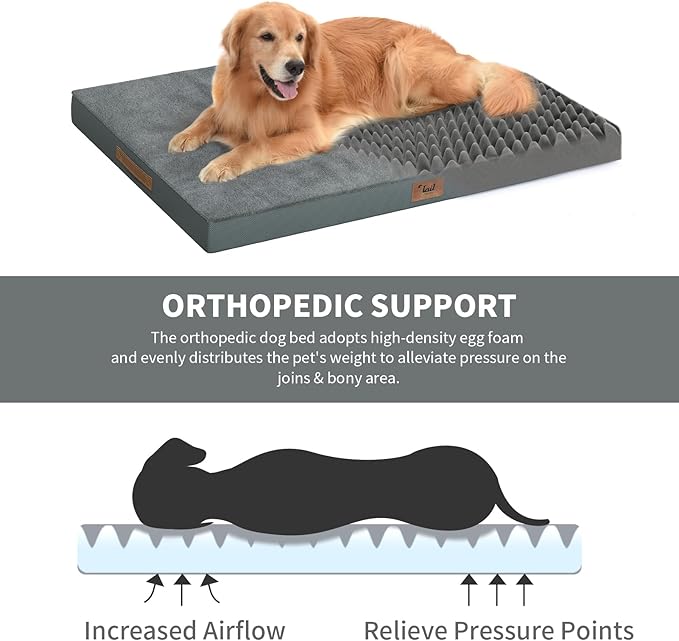 Plush Orthopedic Dog Bed for Medium Dogs & Puppies, Waterproof Dog Beds 29x18 Inch with Removable Washable Cover, Egg Crate Foam Flat Pet Mat, Gray