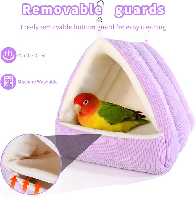 Bird Bed for Cage Winter Warm Bird Bed with Soft Plush Hanging Hammock & Hut Tent, Hideaway Sleeping Nest for Budgies, Parakeets, Cockatiels (Purple, M)