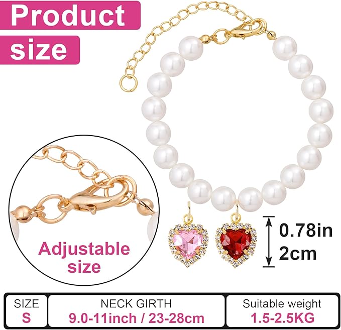 2pcs Cat Pearl Collar with Heart Pendant, Cute Pearl Pet Necklace in Small, Adjustable Wedding Party Small Dog Jewelry Accessories for Puppy Kitten- Pink & Red