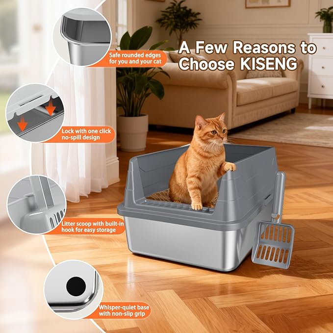Stainless Steel Cat Litter Box, Odor Free Metal Litter Box with High Sides Lid, Open Top Low Entry Litter Pan Include Scoop Easy Cleaning Anti-Scratch Kitty Cat Box Anti-Urine Leakage, Non-Sticky