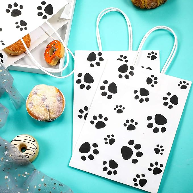 Blulu 20 Pcs Puppy Dog Paw Gift Bags with Paper Twist Handles, Dog Gift Paper Paw Treat Goodie Bags for PET Treat Party Favor, 6.3 x 3.1 x 8.6 Inch(White Backing)