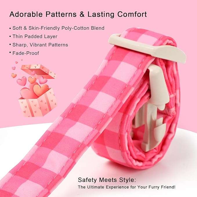 Girl Dog Collar for Small Dogs - Cute Pink Plaid Puppy Collar, Soft Adjustable Spring Summer Female Dog Collars with Quick Release Buckle S