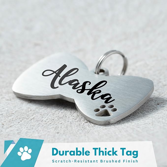 Ultra Joys Dog Tags Personalized for Pets - Hollow Paw Custom Pet ID Tag - Engraved Dog Tag for Small, Large Dogs - Large Bow Tie in Silver