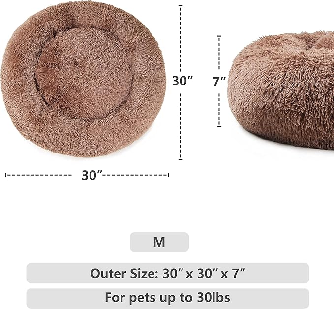 Calming Dog Bed for Medium Dogs Washable Donut 30 inches Anti-Slip Pet Bed,Round Fluffy Plush Faux Fur Cat Bed,Fits up to 45 lbs Pets,Camel