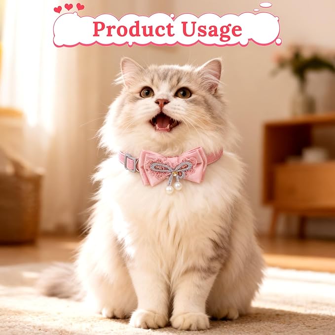 Jeffdad 4 PCS Cute Pearl Cat Collar with Bow, for Girl Cats Pink Cat Bows & Accessories Breakaway Safety Cat Bowtie Collar