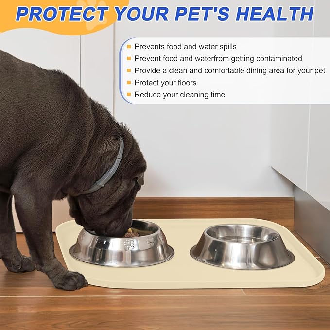 Silicone Pet Feeding Mat with Raised Edge for Food and Water, Dog Bowl Mats, Cat Bowls Placemat with High Lip for Floor Waterproof, Rubber Tray for Cats and Dogs 24 x 16 x 0.8 White Sand (Yellow Cast)