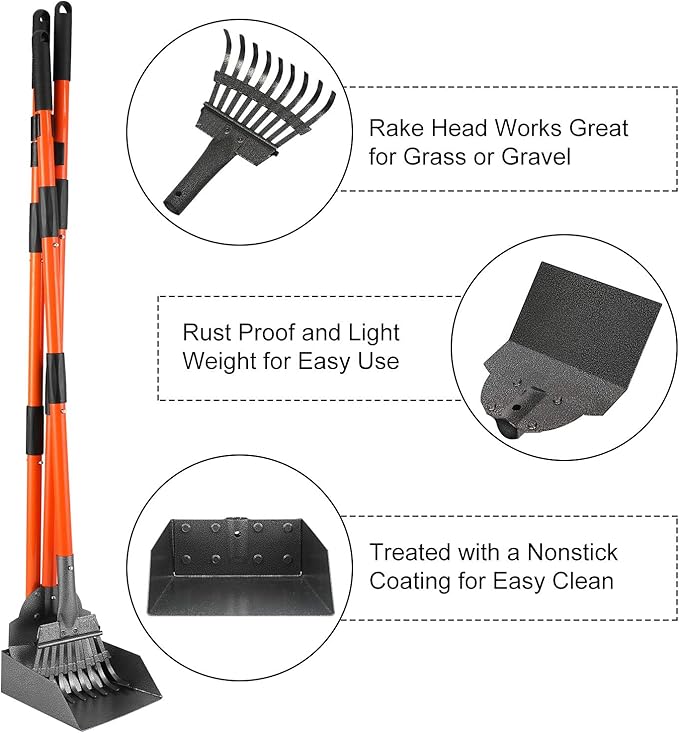 Pooper Scooper, Detachable Long Handle Dog Pooper Scoopers with Heavy Duty Metal Rake, Tray & Spade, Durable Pooper Scooper for Large Medium Small Dogs, Great for Lawn, Grass, Dirt, Gravel, Yard