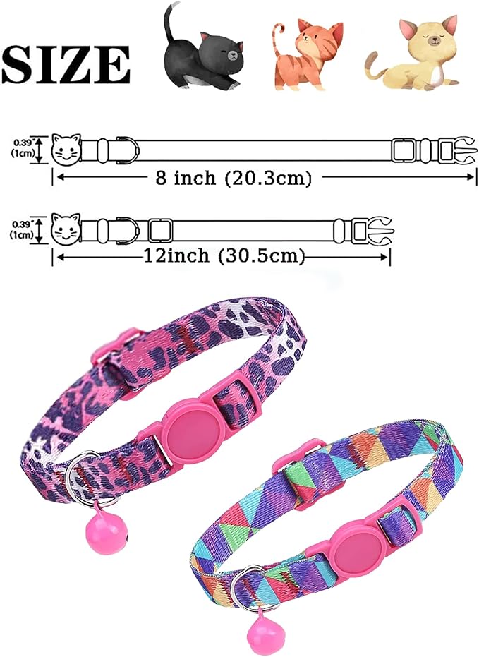 SOLMOONY Cute Cat Collar for Girl Boy,Colorful Breakaway Cat Collars with Bell 2 Pack，Adjustable Printed Nylon with Safety Buckles Kitten Collar (Leopard Print)