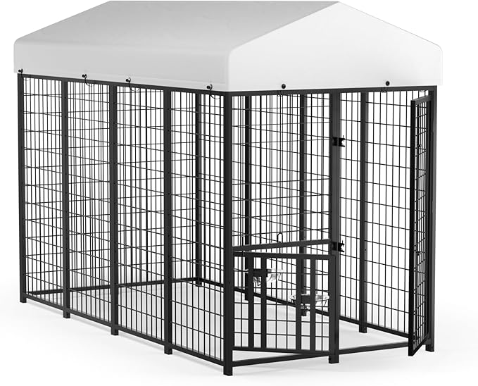 LOVMOR Outdoor Dog Kennel with Roof, Heavy Duty Steel Dog Run Enclosure for Medium Dogs, Waterproof Canopy, Double Latch Door, Adjustable Feeding Bowls, Pet Pen for Yard and Patio, 8’L x 4’W x 5.6’H