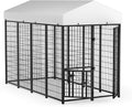 LOVMOR Outdoor Dog Kennel with Roof, Heavy Duty Steel Dog Run Enclosure for Medium Dogs, Waterproof Canopy, Double Latch Door, Adjustable Feeding Bowls, Pet Pen for Yard and Patio, 8’L x 4’W x 5.6’H