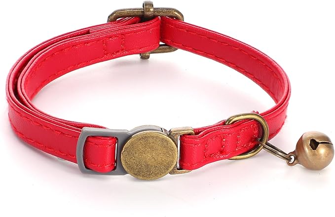Red Cat Collar, Breakaway Leather Cat Collar Adjustable Red Kitten Collars with Bell Quick Release Buckle for Most Cats and Kittens