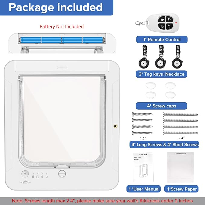 Smart Cat Door for Interior & Exterior, Cat Pet Door with 3 Collar Sensor Keys & 1 Remote Control & 4 Way Locking Cat Flap with RFID Collar Activated Opening
