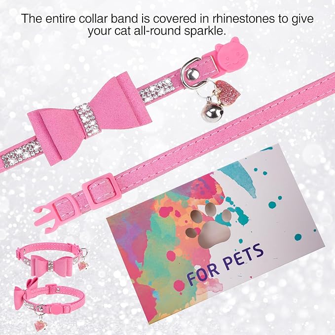 Rhinestone Cat Collar with Bow, Breakaway Elegant Female Diamond Cat Collars with Bell, Pink Leather Sparkly Bowtie Pet Collar for Girl Boy Small Kitten Puppy with Safety Buckle, 8-12"