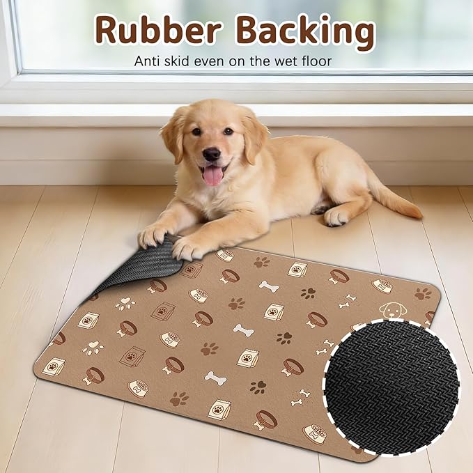 Dog Food Mat for Bowls, Absorbent Quick Dry Dog Cat Mats for Food and Water, Non-Slip Backing Pet Mat Pet Supplies - Bone Pattern