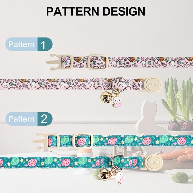 Lionet Paws 2pcs Pack Easter Cotton Cat Collar,Breakaway Buckle with Rabbit and Floral Eggs Cute Adjustable Green Cat Kitten Collar,Ideal for Girl Cats Boy Cats
