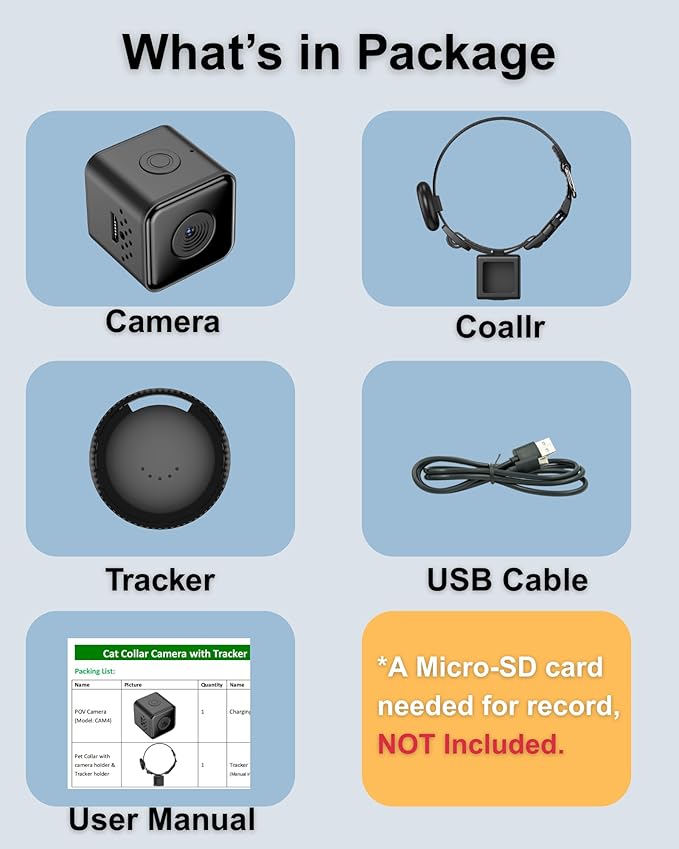 Cat Camera Collar with Tracker Tag, 1080P HD Video Recording Pet POV Cam, NO WiFi NO APP, Body Camera for Cat/Dog Tracking (No Micro-SD Card Included)