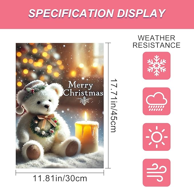 Christmas Garden Flag 12x18 Inch Merry Christmas Bear Flag Double Sided Holiday Banner Outdoor Winter Yard Decoration for Porch Lawn Home