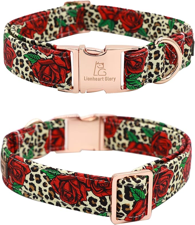 Lionheart Glory Dog Collar, Red Rose Dog Collar with Flower, Cute Floral Pattern Pet Collar Adjustable Dog Collar for Large Dogs
