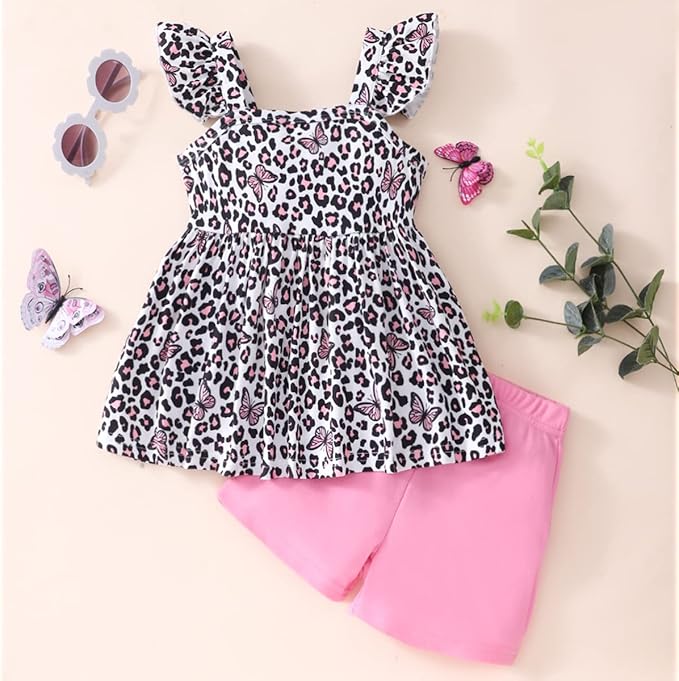 Toddler Baby Girls Summer Clothes Outfits Ruffled Sleeve Dinosaur Shirt Leopard Tops and Shorts Pants Sets 2PCS
