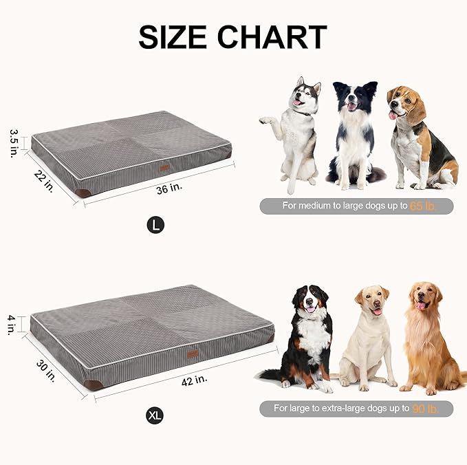 FUKUMARU Dog Bed, Thickened Corduroy Orthopedic Dog Beds with Washable Cover, Large Waterproof Dogs Bed for Crate, 28D Egg Crate Foam Support Pet Mat, Cozy Pet Bed Pad with Anti-Slip Bottom, Grey